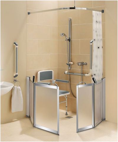 SUPREME half height shower enclosure. Shown here as a pair of bi-folding half height hinged shower doors enclosing a wet room shower area. (Please note, only white high visability doors available)