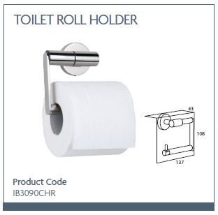 Toilet roll holder. Chrome finish. Tigerfix mount. (Product code: IB3090CHR)