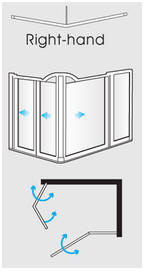 Corner entry via bi-fold door and hinged door + fixed panel with support pole (RH)