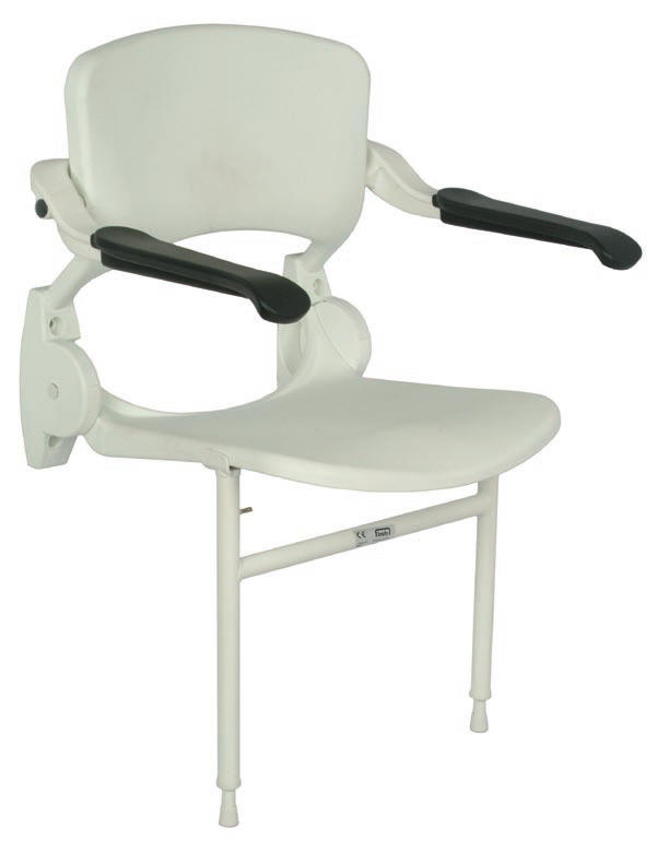 Shower chair with arm rests and legs that fold back to wall