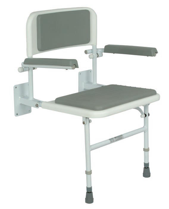 Fold down shower seat with padded seat, back and arm rests