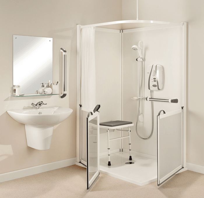 Impress two sided all-in-one shower cubicle with ultra low profile shower tray. Ideal for disabled and wheelchair use.