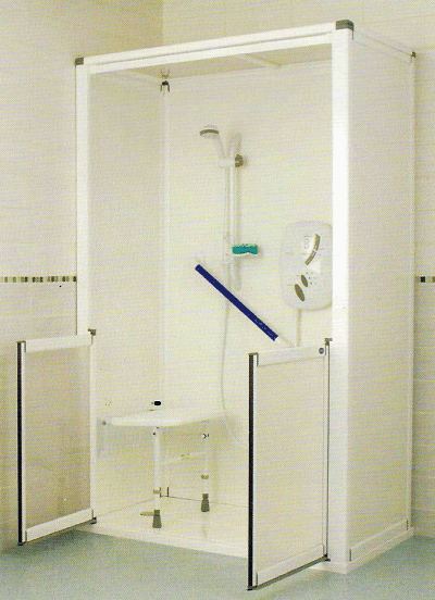 SNOWDON Self contained low access leak free disabled shower pod complete with leak free wall panels. No tiling required.