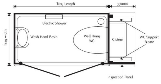 Layout drawing of shower toilet cubicle showing WC pan, wash hand basin and shower equipment.