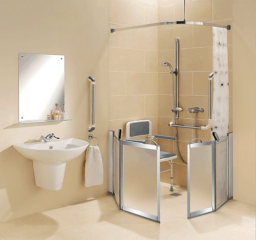 Level access shower enclosure with half height shower doors