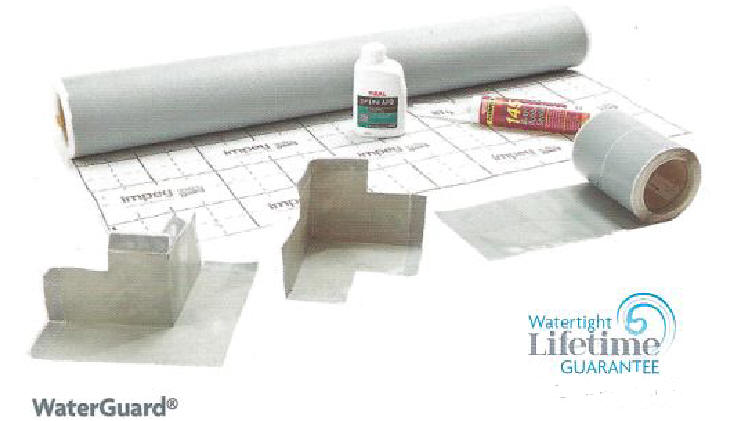 Waterguard waterproof tanking kit - showing Waterguard membrane, jointing tape, jointing compound, preformed internal and external corners and primer.