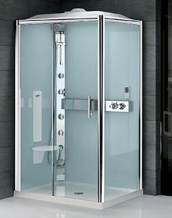 Offset corner shower cubicle with entry via single sliding door