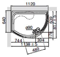 Dimensional diagram of left hand offset quadrant shower pod