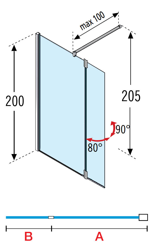 Novellini Kuadra H2 shower screem with integrated flipper panel to reduce over-spay