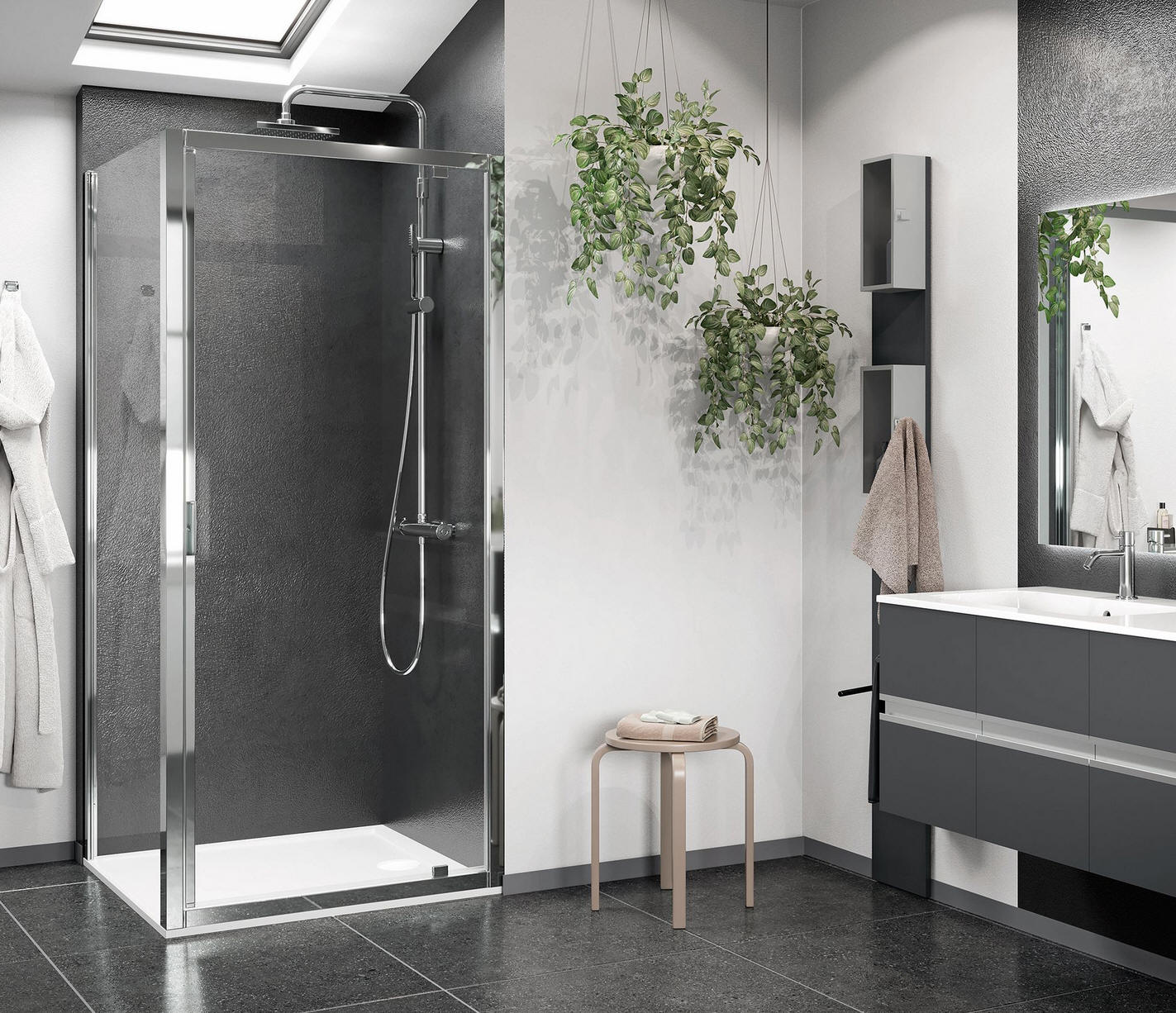 LUNES 2.0 G pivot shower door shown with fixed side panel (F) in a bathroom setting.