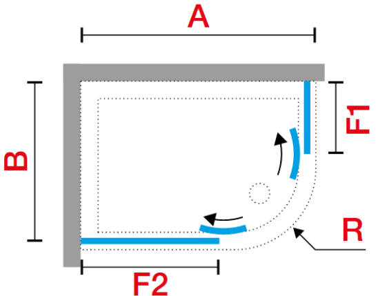 Novellini LUNES 2.0 R framed quadrant offset shower enclosure diagram 3