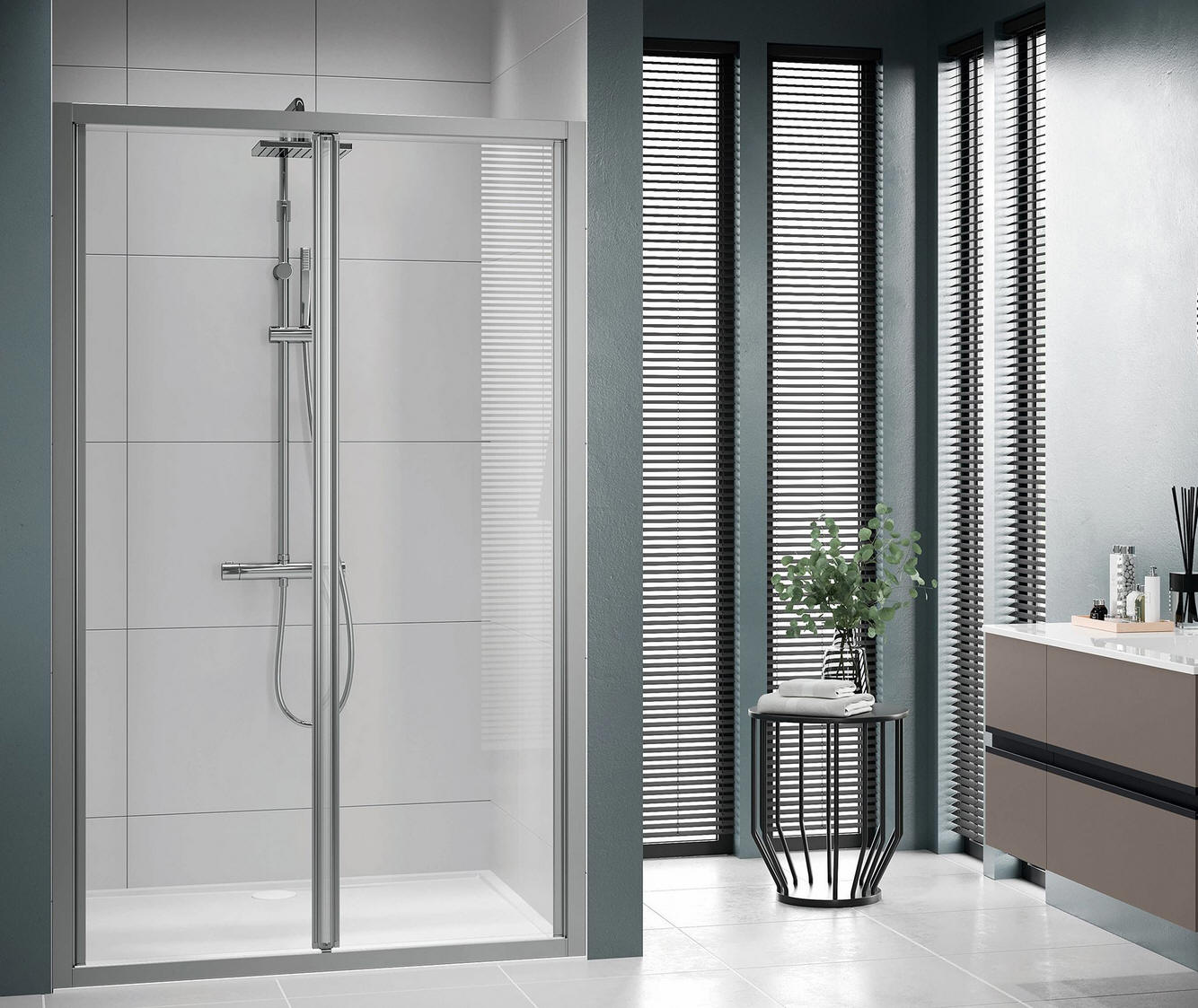 Novellini LUNES 2.0 S bi-folding shower door shown in alcove setting