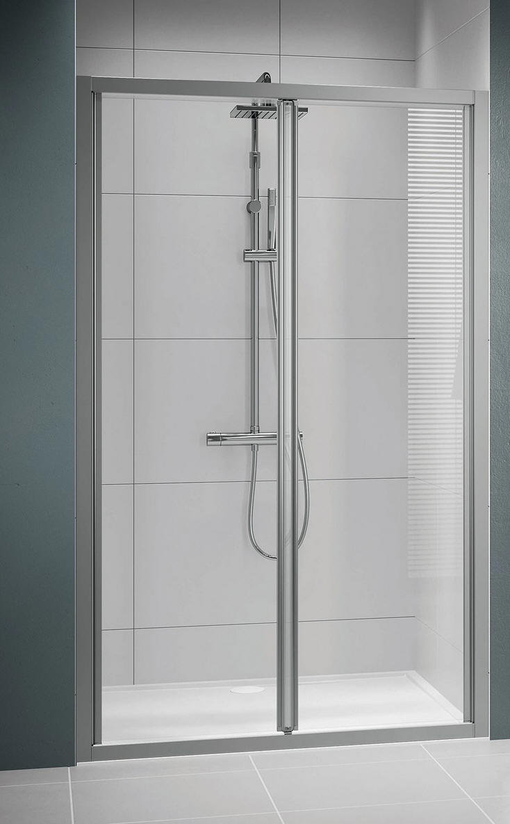 Novellini LUNES 2.0 S bi-fold shower door shown with matta silver frame and clear glass