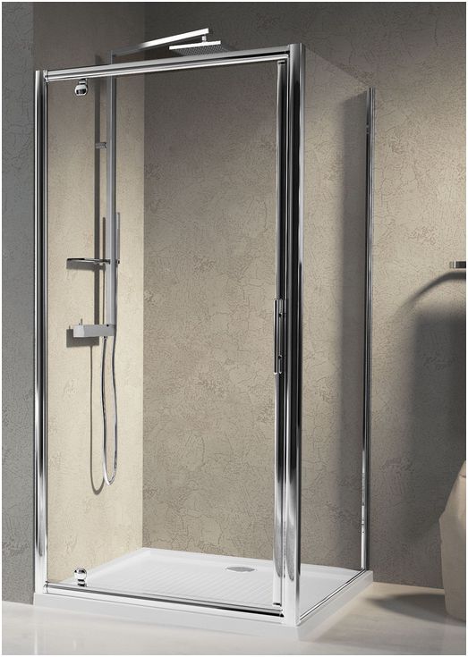 Lunes G hinged shower door shown here with a Lune F fixed side panle configured as a corner shower enclosure