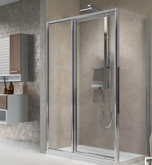 Lunes G+F pivot shower door and inline fixed panel combo. Shown here in a corner configuration by adding an optional fixed end panel, the pivot door can open inward or outward.