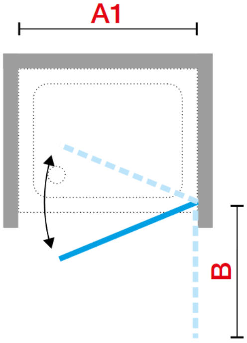 Diagtram showing the swing of the door on a Novellini N180 1B alcove shower door.