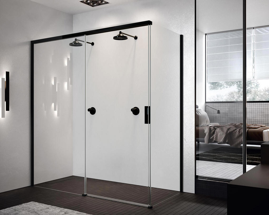 Novellini OPERA 2PH semi-frameless sliding door shower enclosure. Shower here with the semi-frameless FH fixed end panel to create a truly minimalist corenr shower enclosure with sliding door.