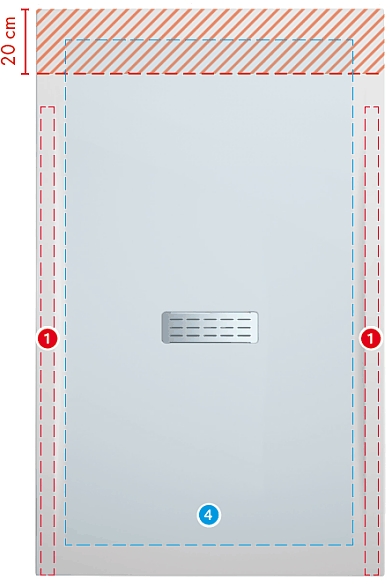 Drawing shows the component areas of the Novellini Custom shower tray