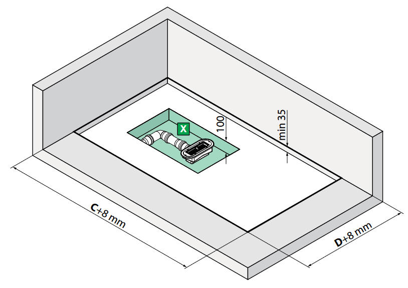 Novellini Custom Shower Tray - diagram showing rebate into floor