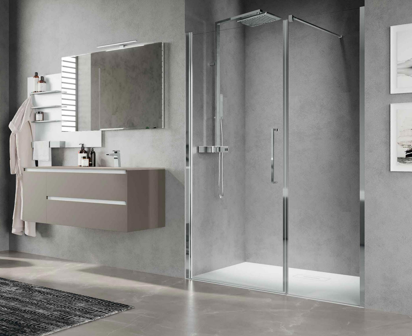 Novellini YOUNG PLUS hinged door with inline fixed panel - shown in chrome finish