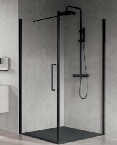 Novellini YOUNG PLUS hinge door and side panel creating a corner shower enclosure