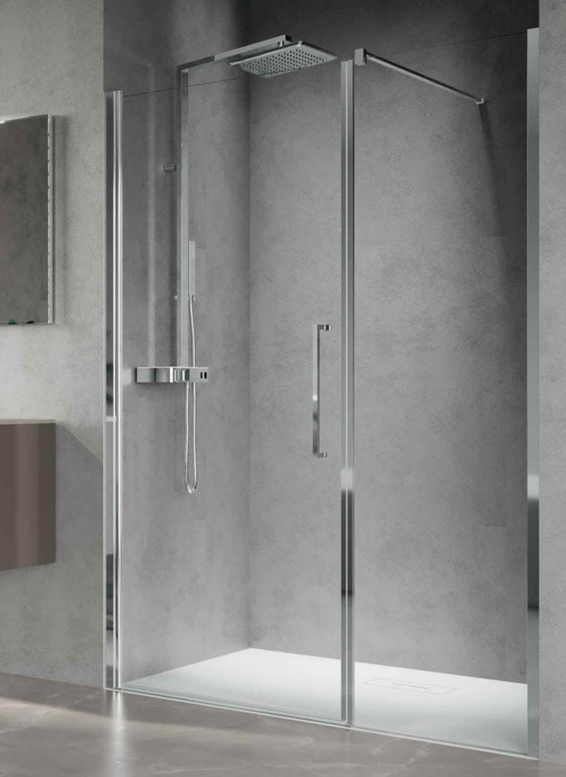Novellini YOUNG PLUS hinged shower door with inline fixed panel. Ideal for a large alcove shower enclosure.