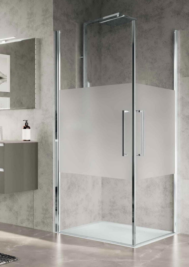 Novellini YOUNG PLUS corner shower enclosure comprising two hinged semi-frameless shower doors configured as a corner shower enclosure.