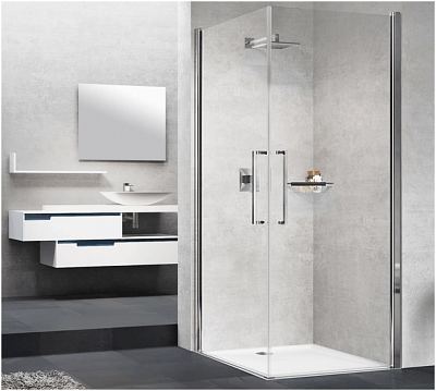 Novellini Young 2 (2G) corner shower enclosure with double hinged doors and corner entry. Large entry dimensions.