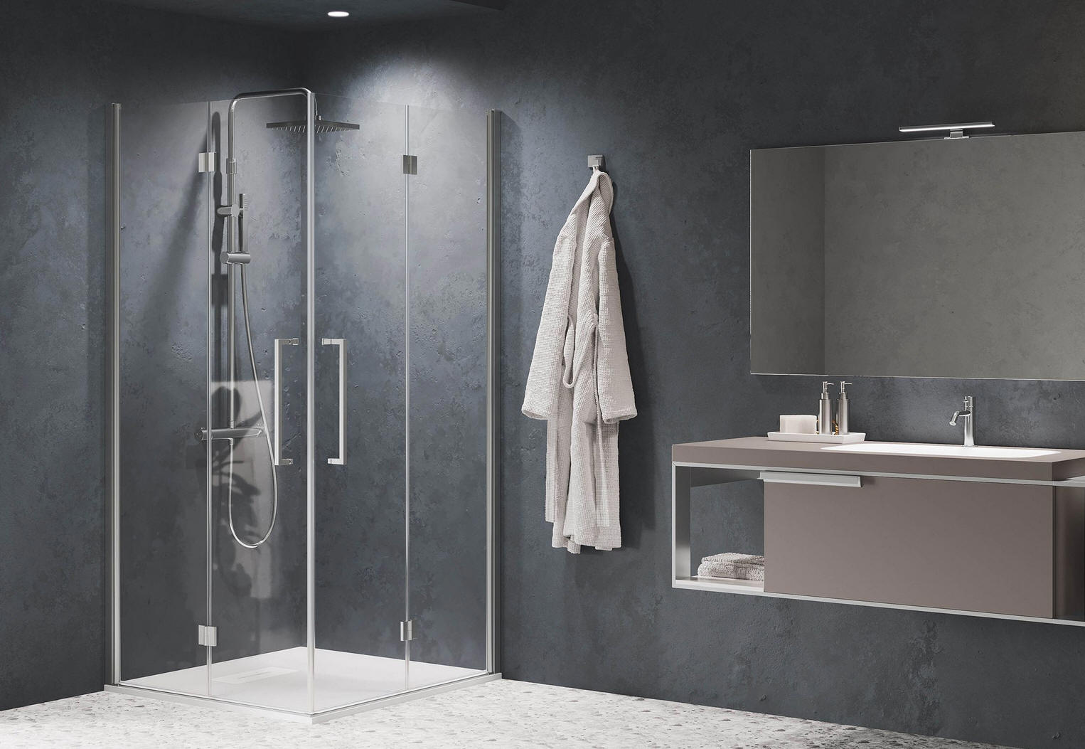 Corner shower enclosure comprising two bi-folding semi-frameless shower doors