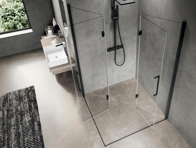 Black framed shower enclosure from the Novellini Young 2.0 range. Your 2.0 2GS configured as two bi-folding doors to create a corner entry corner shower enclosure.