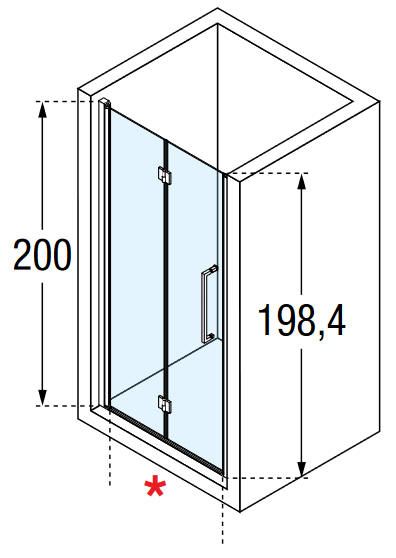 YOUNG 1BS bifolding shower door diagram in an alcove setting