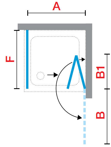 Novellini YOUNG 1BS bifold shower door in a RH corner setting diagram Dia 3