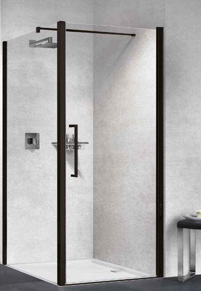 Novellini 1B and F1B hinged shower door and fixed side panel creating a corner shower enclosure. Shown here with the matt black colour option.