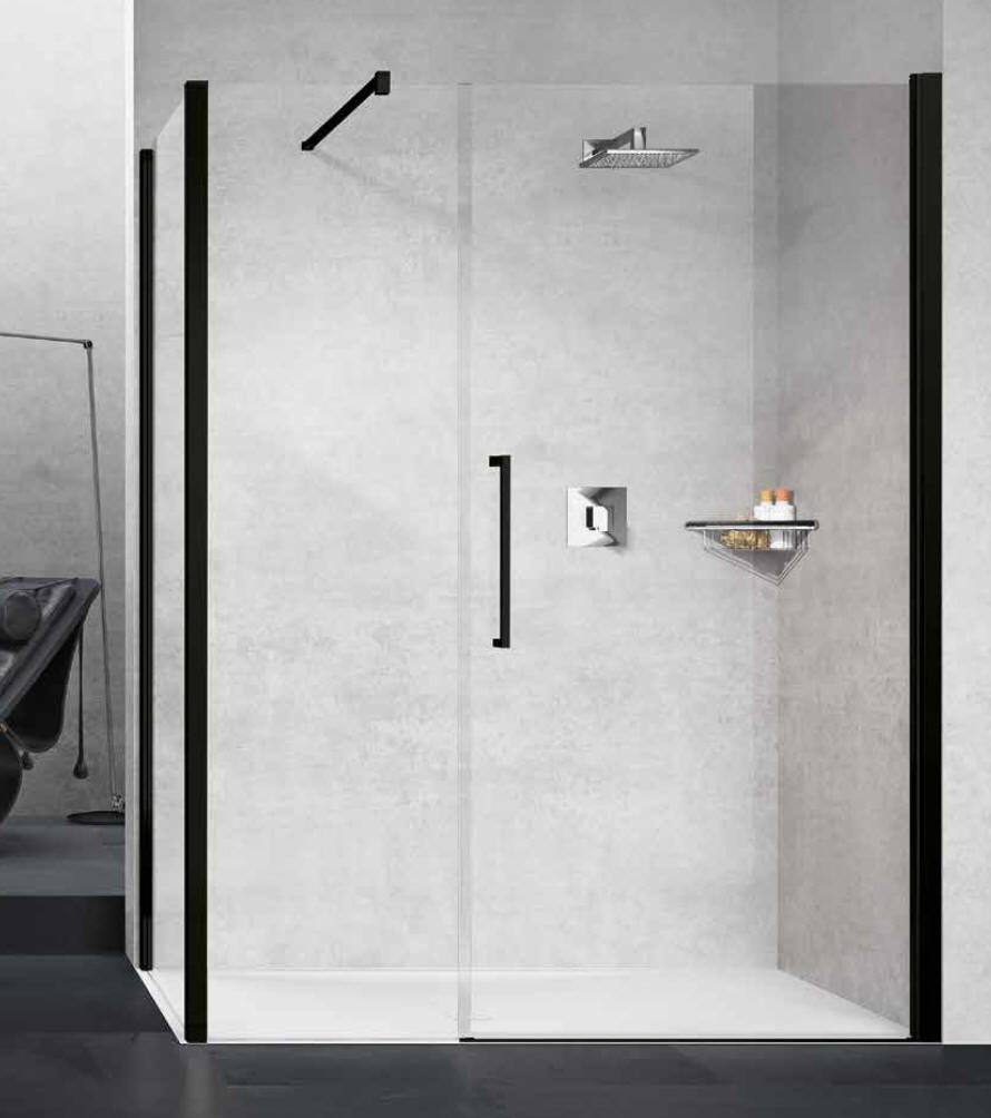 Novellini Young 2.0 hinged shower door with inline fixed panel (G+F inline) shown with fixed side panel to create a corner shower enclosure. New black colour option.