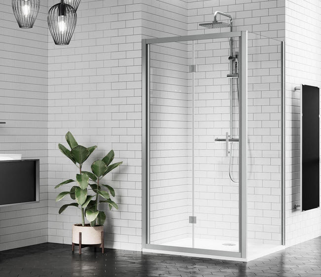 Novellini ZEPHYROS S bi-folding shower door suitable for corner, mid-wall or alcove installation.