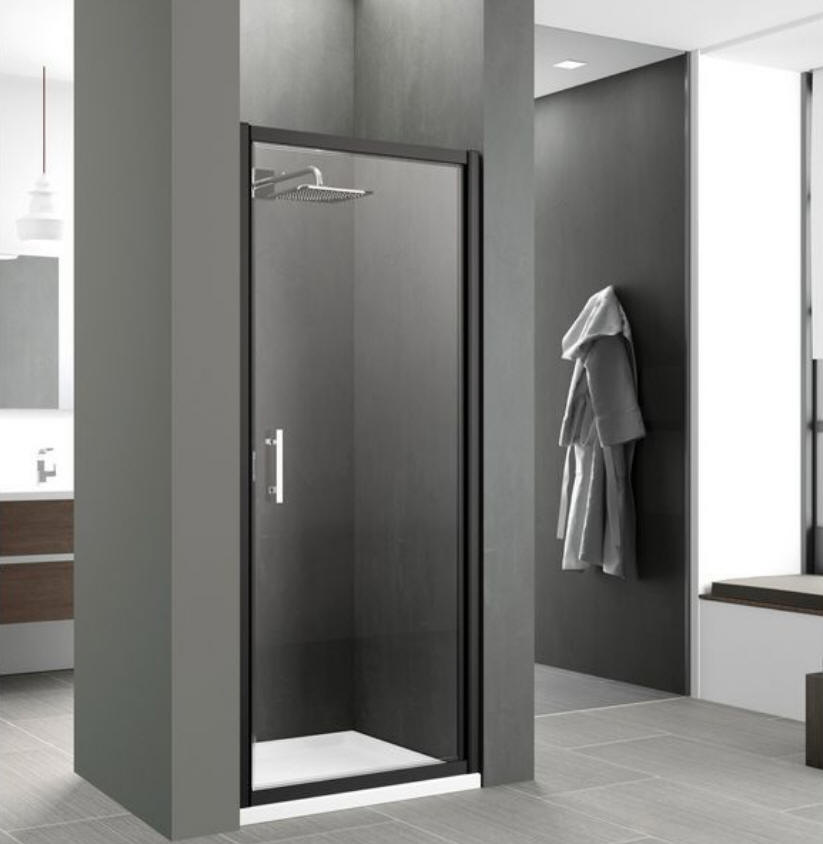 Novellini ZEPHYROS G pivot shower door suitable for corner, mid-wall or alcove installation.