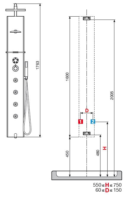 Cascata 2 shower panel by Novellini - technical drawing elevation