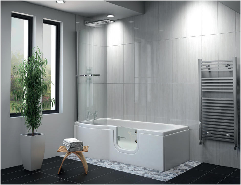 Walk in shower baths. Multi-functional bath with door for easy access and dedicated shower area with shower screen.