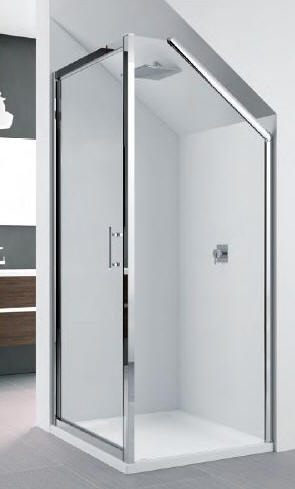 A Shower enclosure with an angled side panel