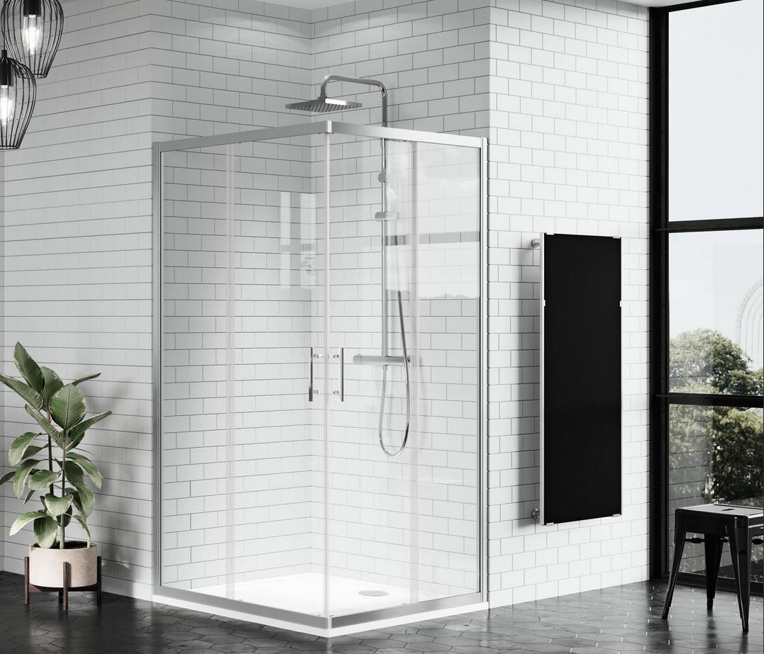 Novellini ZEPHYROS A corner entry corner shower enclosure with sliding doors.