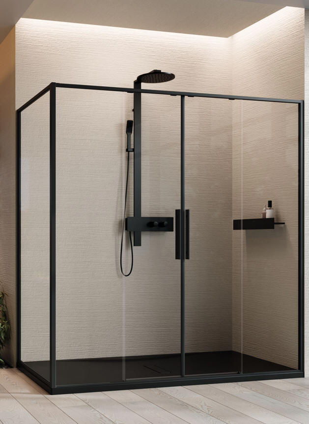 Novellini RIGA 2A. Extra wide shower door. Shown here with a fixed end panel to make a corner shower enclosure.
