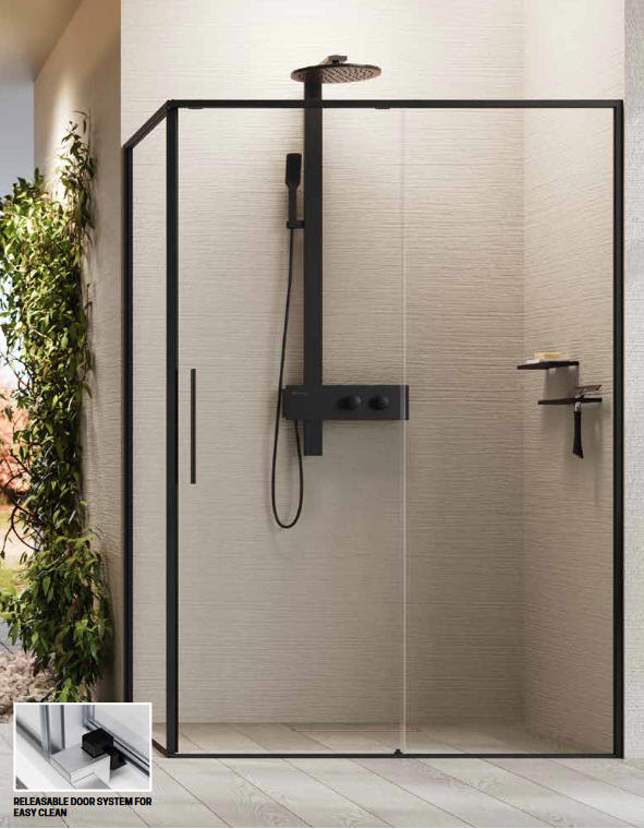 Novellini RIGA 2P+F sliding door corner shower enclosure finished with Matt Black profiles