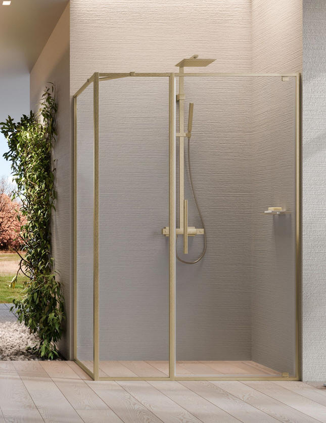 Novellini RIGA G+F inline. Pivot shower door with inline fixed panel. Shuitable for alcove installation or in corner setting when fixed end panel added.