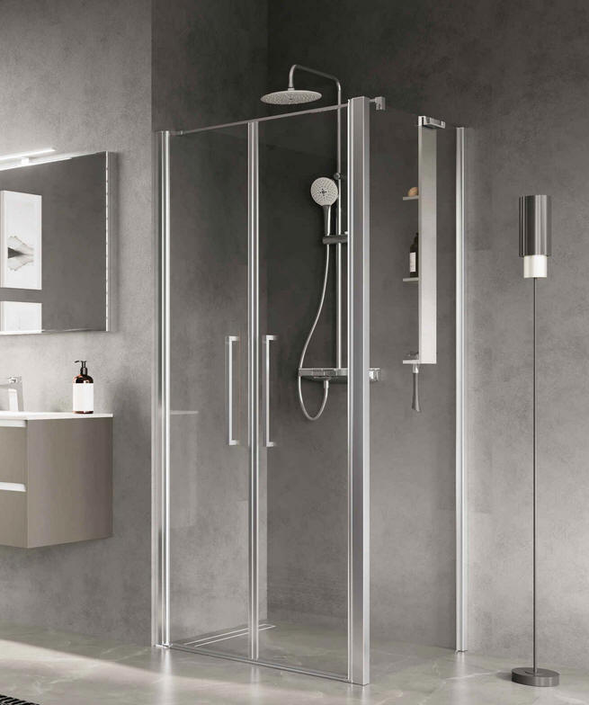 Novellini Young PLUS 2B saloon style shower doors configered with fixed end panel to create a corner shower enclosure.