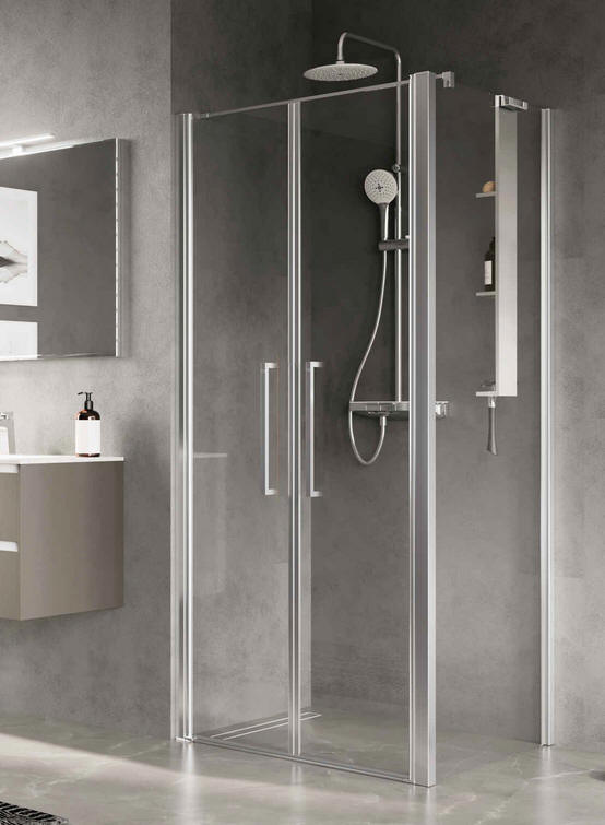 Novellini YOUNG PLUS 2B saloon style semi-frameless shower enclosure. Two doors hinging from either side meeting in the middle.