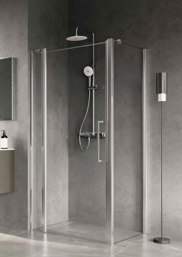 Novellini YOUNG PLUS 2P + F semi-frameless shower enclosure with door hinging from inline fixed panel.