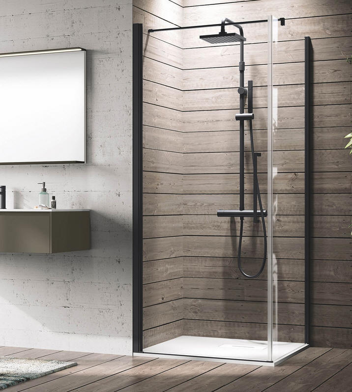 Novellini semi-frameless YOUNG PLUS G (Door) + F (Fixed side panel) to create a G+F corner shower encloause. Shown here with Matt Black profiles.