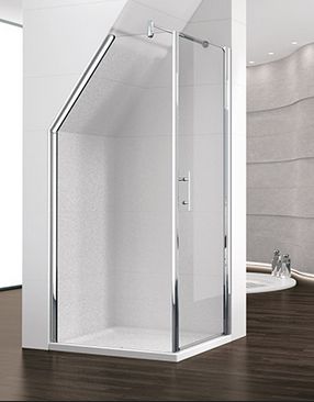 Corner shower enclosure with hinged door and fixed angled side panel.